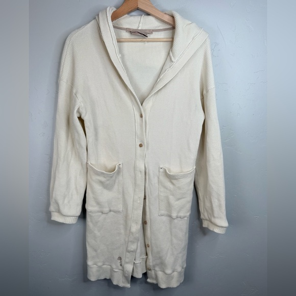 The Good Alma Long Waffle Cardigan Organic Cotton Hood Lounge Boho Cozy Cream M - Picture 2 of 8